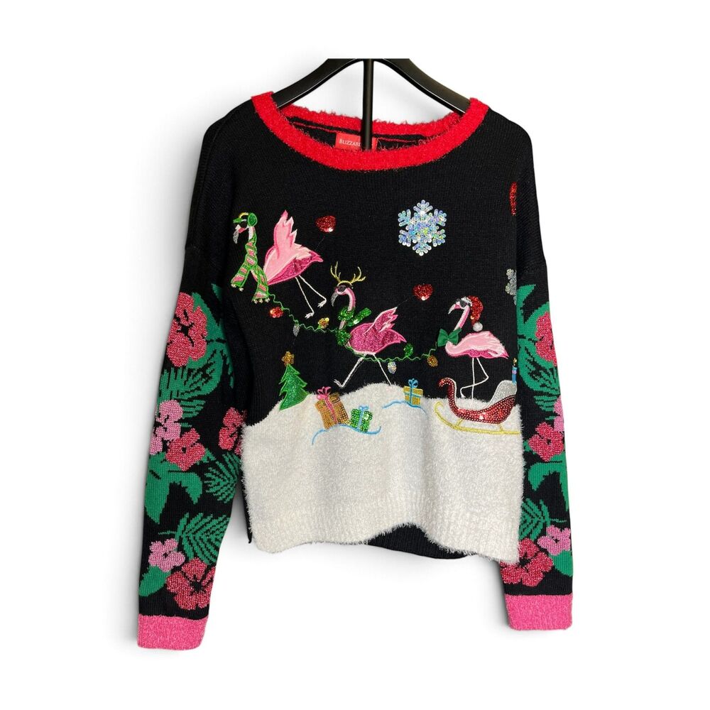 Blizzard Bay Womens L Christmas Flamingo Ugly Sweater Sequin Tropical Black